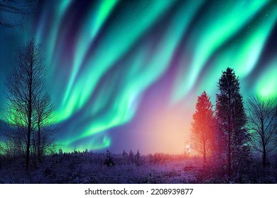 Aurora Borealis Horizontal Landscape Polar North Greenland Finland Boeialis Nightscape Green Mountains Forest Night Beautiful Nature Phenomenon Lights 3d Illustration Rays Winter Ethereal Sky Blur