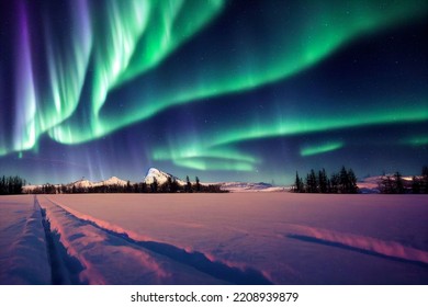 Aurora Borealis Horizontal Landscape Polar North Greenland Finland Boeialis Nightscape Green Mountains Forest Night Beautiful Nature Phenomenon Lights 3d Illustration Rays Winter Ethereal Sky Blur