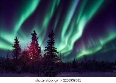 Aurora Borealis Horizontal Landscape Polar North Greenland Finland Boeialis Nightscape Green Mountains Forest Night Beautiful Nature Phenomenon Lights 3d Illustration Rays Winter Ethereal Sky Blur