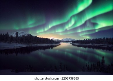 Aurora Borealis Horizontal Landscape Polar North Greenland Finland Boeialis Nightscape Green Mountains Forest Night Beautiful Nature Phenomenon Lights 3d Illustration Rays Winter Ethereal Sky Blur