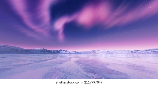 Aurora Borealis in starry polar sky, 3d rendering of a beautiful and mysterious world