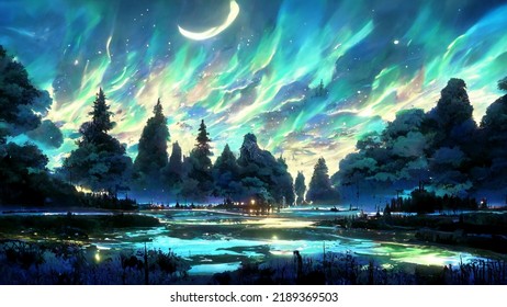 Aurora Landscape Night Painting Artistic Conception Stock Illustration ...