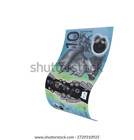 Australia 10 Dollar Falling Note Money, Bank notes Realistic High-resolution 3D render of stacked currency bundles with realistic lighting and fine textures, isolated on a transparent background.