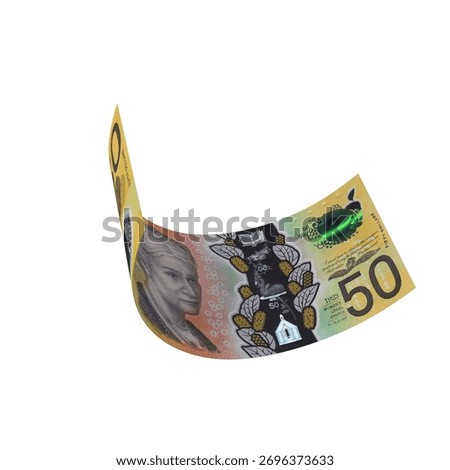 Australia 50 Dollar Falling Monetary Value, High quality currency banknote for finance, education, 3D modeling, stock. References and global monetary identity and value.