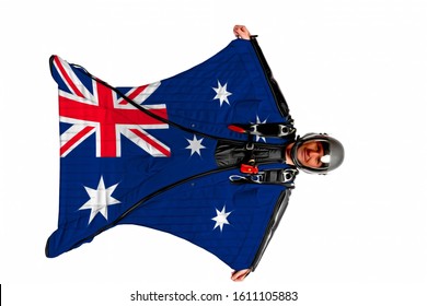 Australia Airport. Bird Men In Wing Suit Flag. Sky Diving Men In Parashute. Patriotism, Men And Flag Australia.
