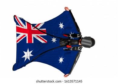 Australia Airport. Bird Men In Wing Suit Flag. Sky Diving Men In Parashute. Patriotism, Men And Flag Australia.
