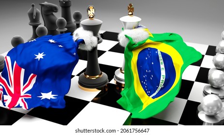 Australia Brazil Crisis, Clash, Conflict And Debate Between Those Two Countries That Aims At A Trade Deal Or Dominance Symbolized By A Chess Game With National Flags, 3d Illustration