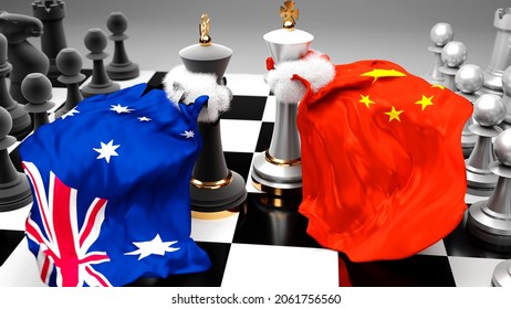 Australia China Crisis, Clash, Conflict And Debate Between Those Two Countries That Aims At A Trade Deal Or Dominance Symbolized By A Chess Game With National Flags, 3d Illustration