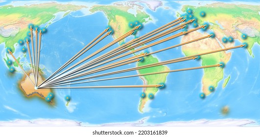 Australia Concept Map Centerd On America, Export Concept Map For Australia On White Background Suitable For Export Concepts. File Is Suitable For Digital Editing And Large Size Prints.