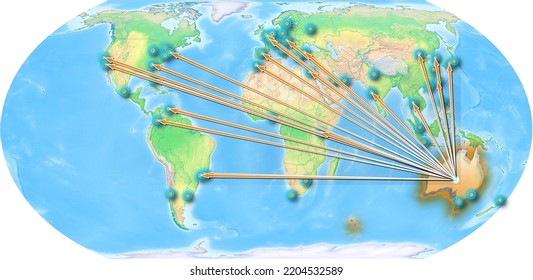 Australia Concept Map Centered On Europe And Africa, Export Concept Map For Australia On White Background Suitable For Export Concepts. File Is Suitable For Digital Editing And Large Size Prints.