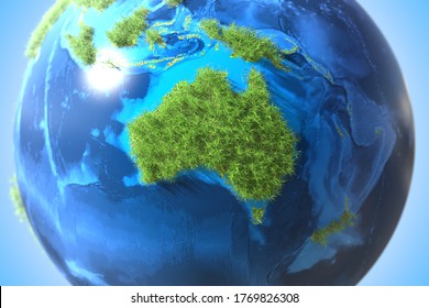 Australia Continent Covered With Green Grass On The Planet. Sustainable Technology Related Conceptual 3D Rendering