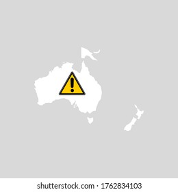 Australia Continent Map With Caution Sign. Travel Ban. Immigration, Health, Business Risk And Danger In Australia During Covid 19 Coronavirus Pandemic Concept Illustration
