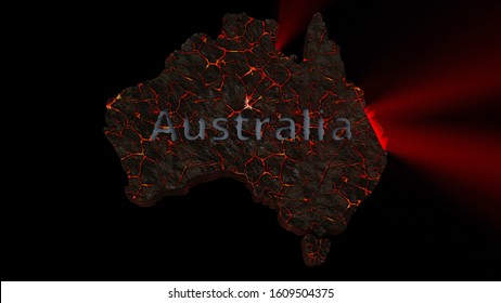 Australia Fire Outline Map On Black Background Fire In Australia Wildfire Bush-fire Map Of Australia Fires. 3d Rendering. 3d Illustration