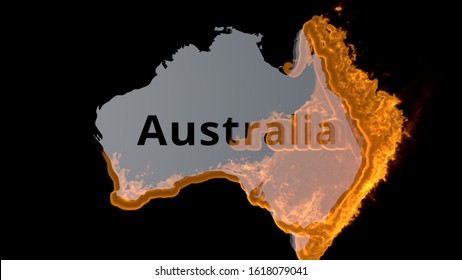 Australia Fire Outline Map On Black Background Fire In Australia Wildfire Bush-fire Map Of Australia Fires. 3d Rendering. 3d Illustration