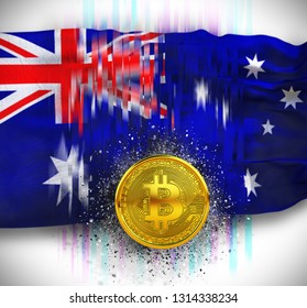 Australia Flag And Bitcoin Golden Coin With Debris Of Explosion Against Motion Blur Of The Background Of Australian Flag With Inscription Bitco Traffic As Glitches TV Effect Crypto Mining 3d Render