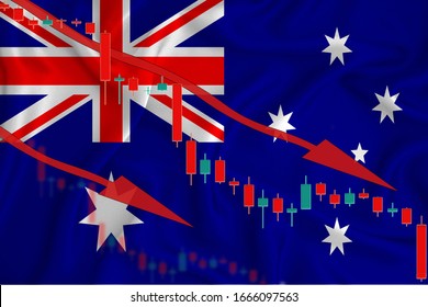 Australia Flag, The Fall Of The Currency Against The Background Of The Flag And Stock Price Fluctuations. Crisis Concept With Falling Stock Prices Of Companies.