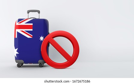 Australia Flag Suitcase With No Entry Sign. Travel Ban Concept. 3D Render