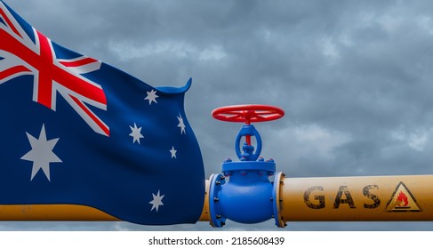 Australia Gas, Valve On The Main Gas Pipeline Australia, Pipeline With Flag Australia, Pipes Of Gas From Australia, 3D Work And 3D Image