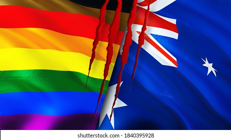 Australia Gay And Lesbian Philadelphia Pride Flag LGBT With Scar Concept. Gay Philadelphia Colorful Rainbow Gay And Australia Flag LGBT,3d Rendering. Australia LGBT Rights Challenge,danger
