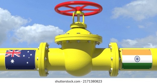 Australia India Gas Or Oil Transit Concept. Pipe With Valve,  3D Rendering