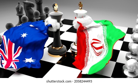 Australia Iran Crisis, Clash, Conflict And Debate Between Those Two Countries That Aims At A Trade Deal Or Dominance Symbolized By A Chess Game With National Flags, 3d Illustration