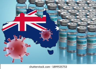 Australia To Launch COVID-19 Vaccination Campaign. Coronavirus Vaccine Vials, Covid 19 Cells, Map And Flag Of Australia. Fighting The Epidemic. Research And Creation Of A Vaccine. 3D Illustration.