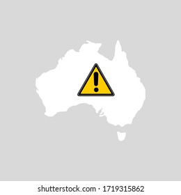 Australia Map With Caution Sign. Travel Ban. Immigration, Health, Business Risk And Danger In Australia During Covid 19 Coronavirus Pandemic Concept Illustration On White Background 
