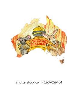 Australia Map Volunteer Fire Service, Koala And Kangaroo Are Cry. Painting Watercolor.