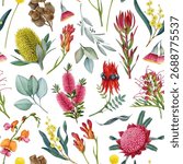 Australia native flora elements seamless pattern. Hand drawn waratah flower, banksia, golden wattle, eucalyptus leaves watercolor illustrations. Australian flowers elements on white background