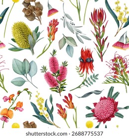 Australia native flora elements seamless pattern. Hand drawn waratah flower, banksia, golden wattle, eucalyptus leaves watercolor illustrations. Australian flowers elements on white background
