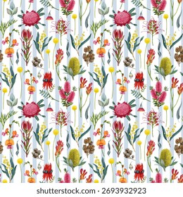 Australia native flowers seamless pattern on stripe background. Hand drawn vintage style watercolor Australian flora elements. Waratah, golden wattle, grevillea, banksia, gum tree leaves pattern
