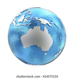 Australia on elegant silver 3D model of planet Earth with realistic watery blue ocean and silver continents with visible country borders. 3D illustration isolated on white background.