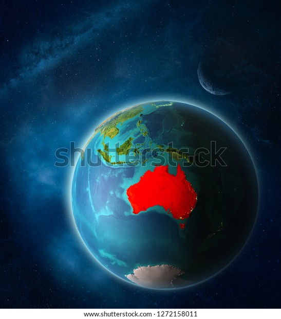 Australia from space on\
planet Earth in space with Moon and Milky Way. Extremely fine\
detail of planet surface. 3D illustration. Elements of this image\
furnished by\
NASA.