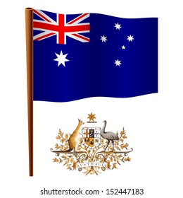 Australia Wavy Flag And Coat Of Arms Against White Background, Art Illustration