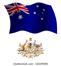 Australia Wavy Flag And Coat Of Arms Against White Background, Art Illustration