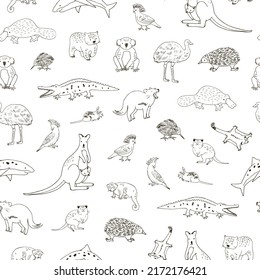 Australian Animals Kangaroo, Shark, Crocodile Seamless Line Pattern