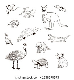 Australian Animals Line Illustrations Set Stock Illustration 1338390593 ...