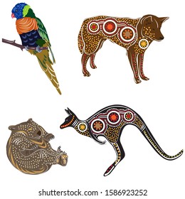 Australian Animals Wombat, Dog Dingo, Kangaroo, Lorikeet Aboriginal Drawing