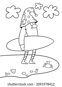 Australian Christmas Gnome With Surfboard. Christmas Coloring Page.