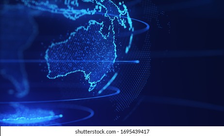 Australian Continent Partial View 3D Rendering Blue Shine Dotted Particles Earth Globe Map With Line Rings And Glitter Dust