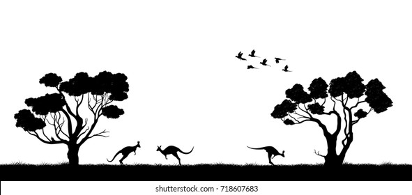 Australian landscape. Black silhouette of trees and kangaroo on white background. The nature of Australia. Isolated graphic