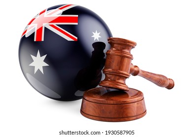 Australian Law And Justice Concept. Wooden Gavel With Flag Of Australia. 3D Rendering Isolated On White Background