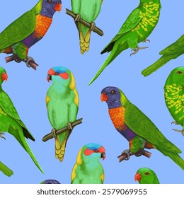 Australian Lorikeets seamless pattern - Rainbow Lorikeet, Musk Lorikeet and Scaly-breasted Lorikeet