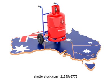 Australian Map With Propane Gas Cylinder On Hand Truck. Gas Delivery Service In Australia, Concept. 3D Rendering Isolated On White Background