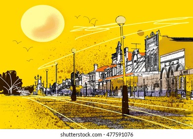 Australian Outback Town Illustration With Fierce Sun And Yellow Sky. 