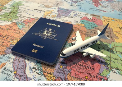 Australian Passport and an airplane on world map 3D Illustration - Australia