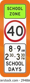 Australian School Warning Sign With Speed Limit.