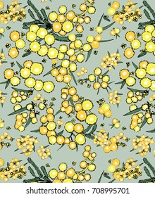 Australian Symbolic Flowers. Wattle Flowers Yellow Balls With Green Leaves Bunched On Sky Blue Background. Seamless Repeat Pattern. 