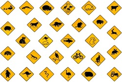 Australian Warning Road Signs From Australia Highways. Wildlife Animals: Emu, Echidna, Tasmanian Devil, Wombat, Kangaroo, Penguin, Shark, Ducks Snake Rat Deer Reptiles And Vehicles. Isolated On White.