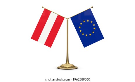 Austria 3D rendered flag. Side by side with the flag of the European Union. Tiny golden office flagpole isolated on white background. 